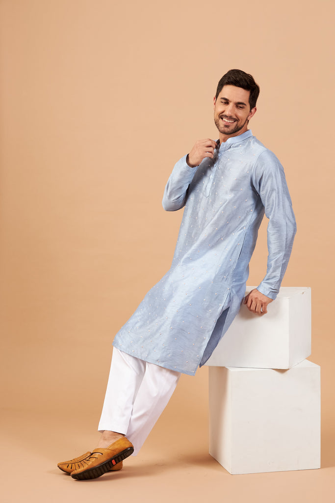 Men's Baby Blue Color Viva Dot Embroidered Kurta Semi Raw Silk Mix
