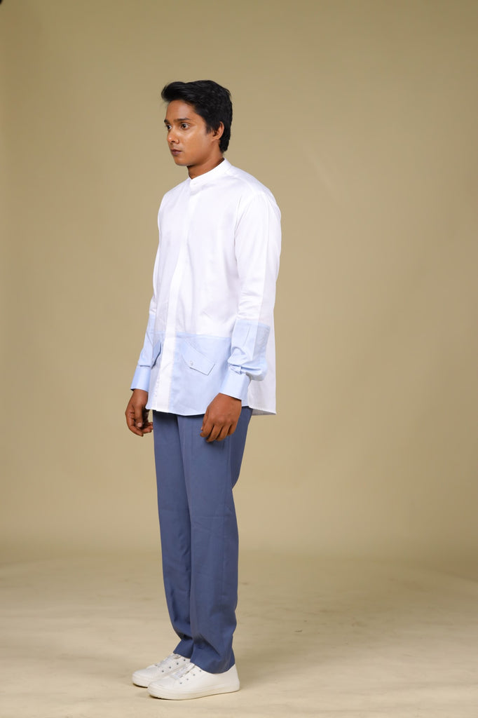Men's White & Light Blue Color Light Sinum Shirt Full Sleeves Casual Shirt