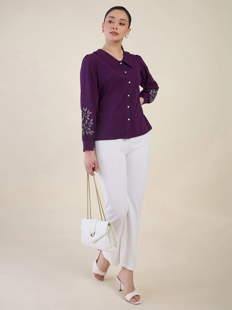 Women's Purple Embroidered Peter Pan Collar Shirt