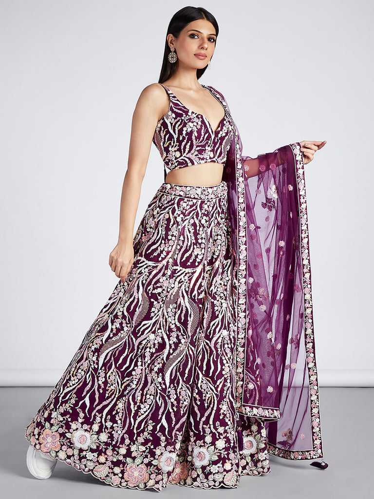 Women's Burgundy Net Sequins And Thread Embroidery Lehenga Choli & Dupatta
