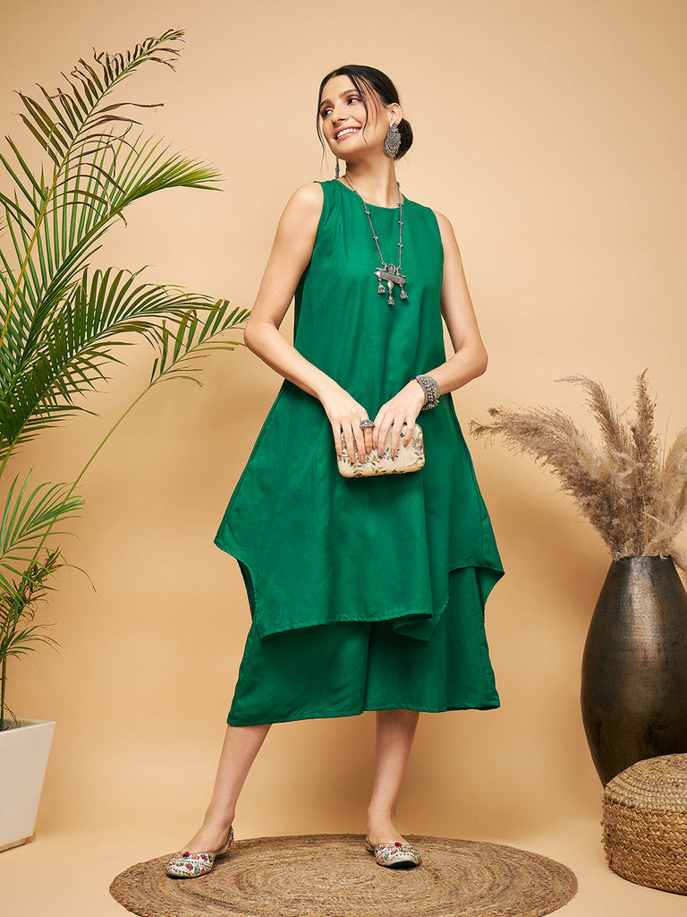 Women's Forest Green Short Kurta Palazzo Set