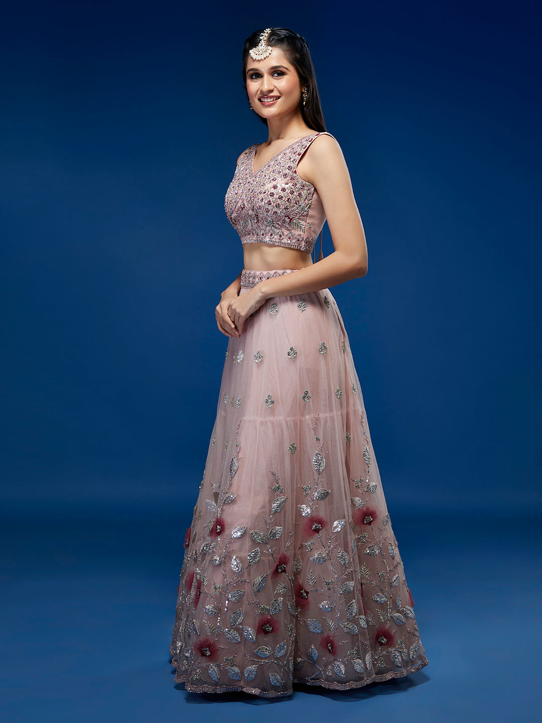 Women's Champagne Net Sequinse Embroidered Ready To Wear Lehenga & Blouse With Dupatta-Royal Dwells