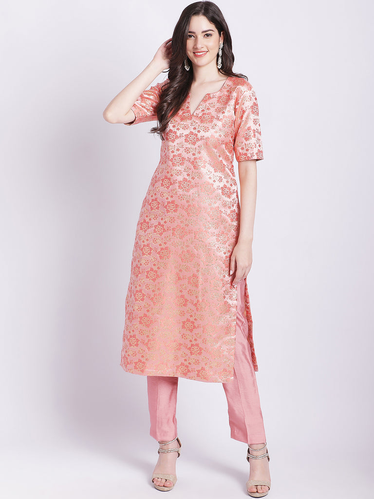 Women's Peach Banarsi Straight Kurti With Pants