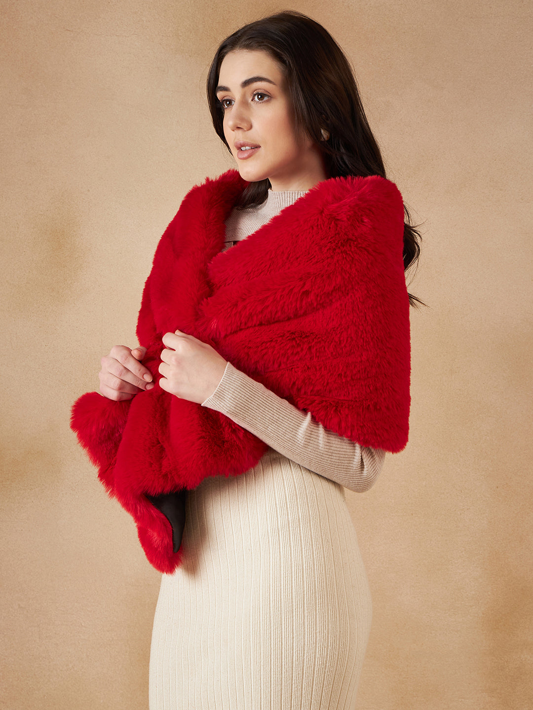 Women's Cherry Red Long Faux Fur Cape - InWeave