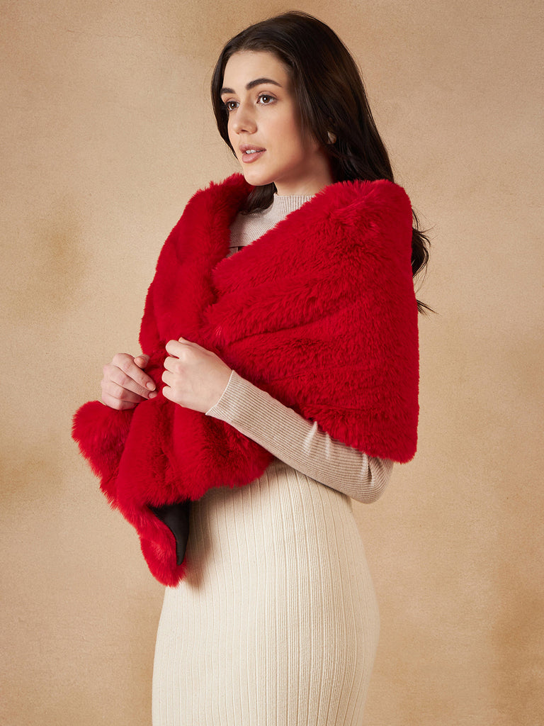 Women's Cherry Red Long Faux Fur Cape