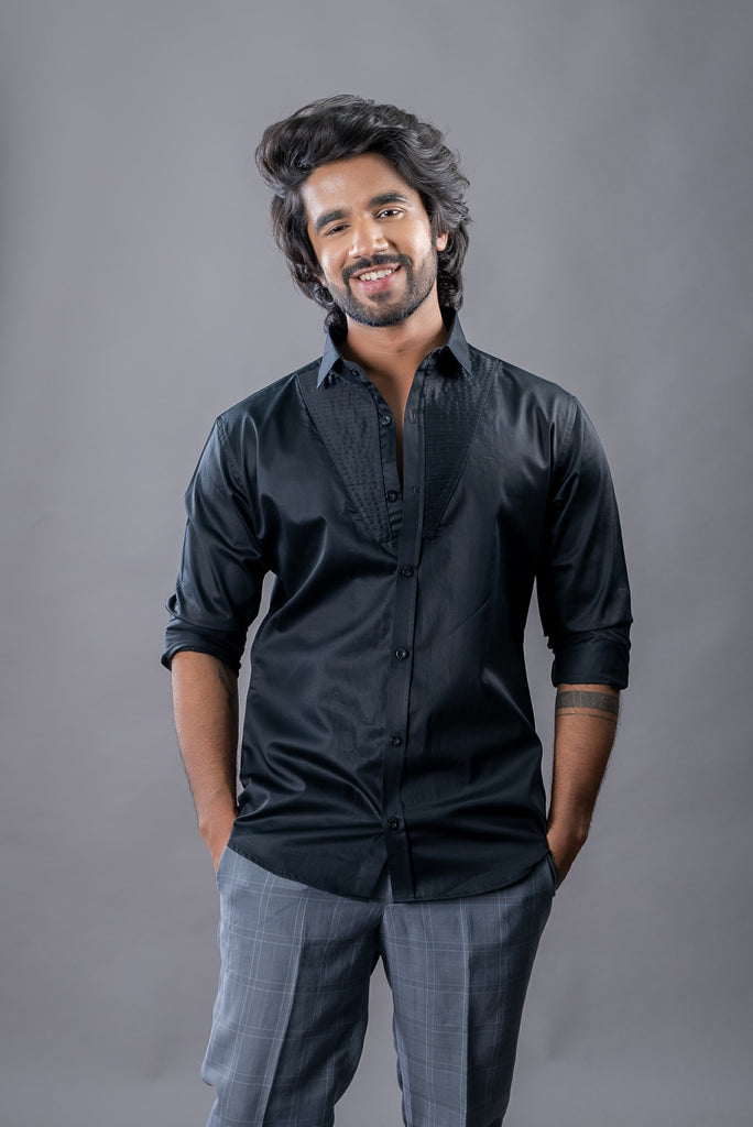 Men's Black Color V Pintuck Full Sleeves Casual Shirt