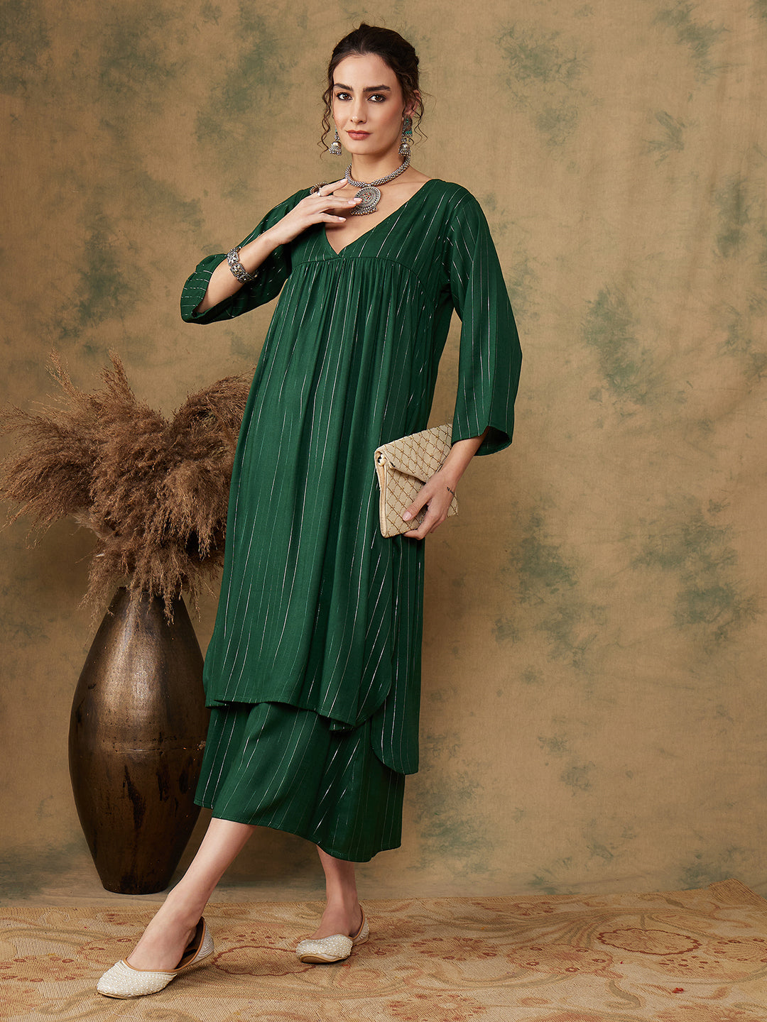 Women's Pine Green Lurex Flared V Neck Kurta Palazzo Set - InWeave