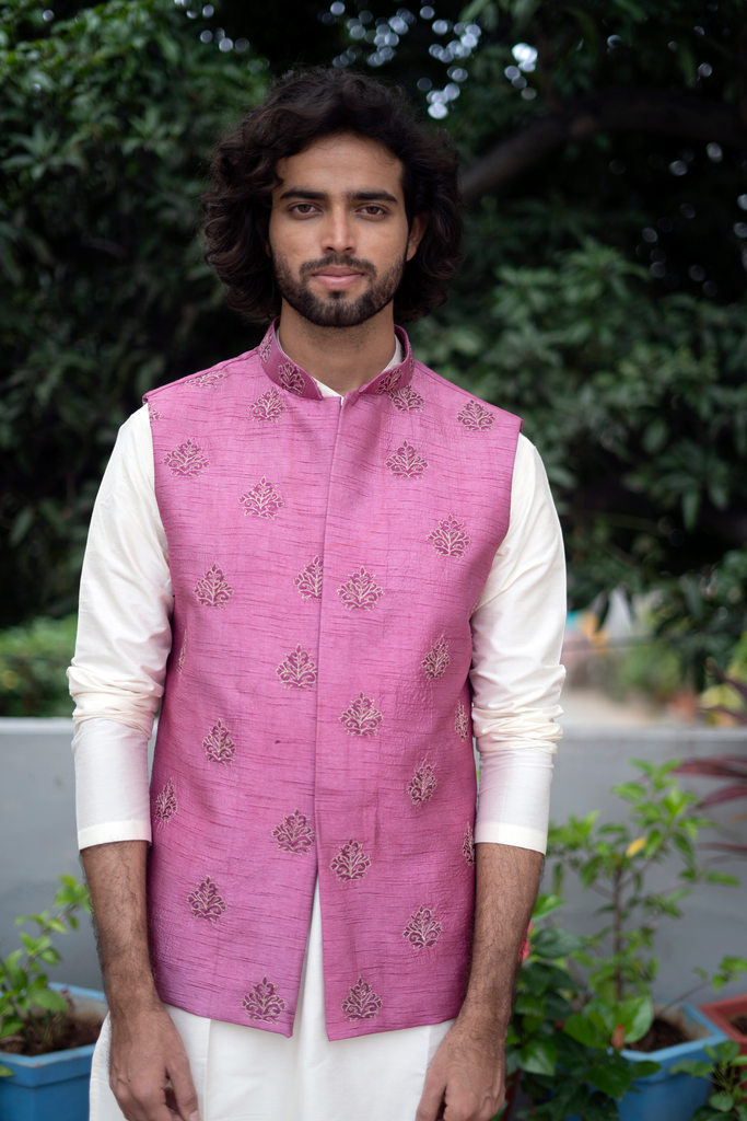 Men's Mauve Color Jacket With Kurta Pant Set