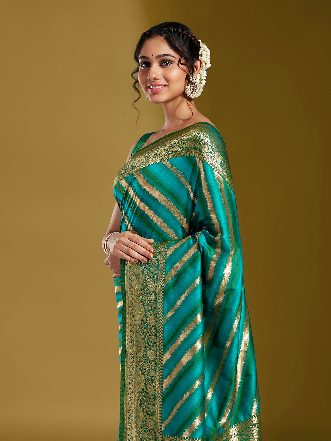 Women's Green & Gold Satin Paisley Zari With Beautiful Leheriya Banarasi Saree - Royal Dwells