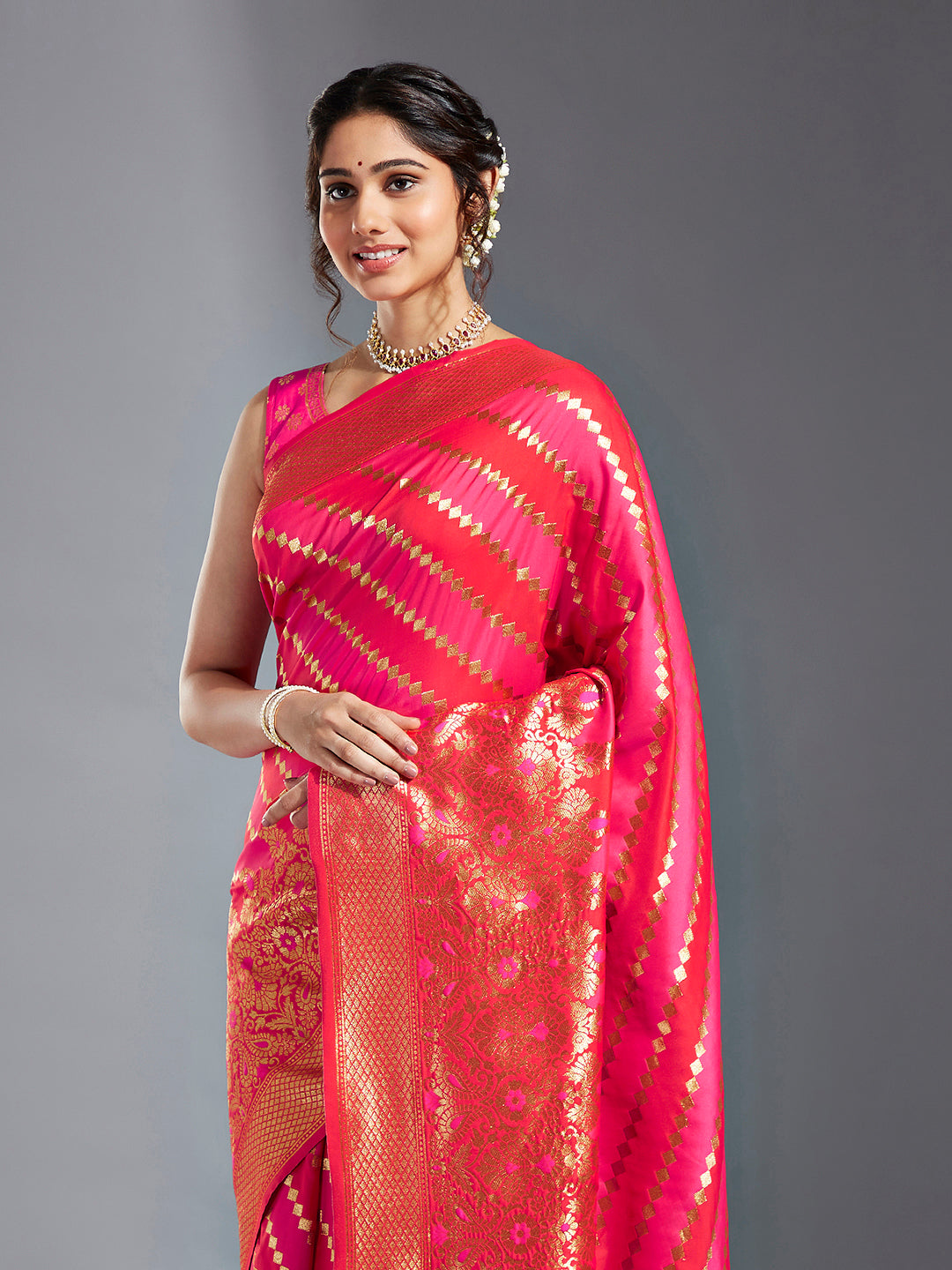 Women's Pink & Gold Satin Paisley Zari With Beautiful Jaal Banarasi Saree - Royal Dwells