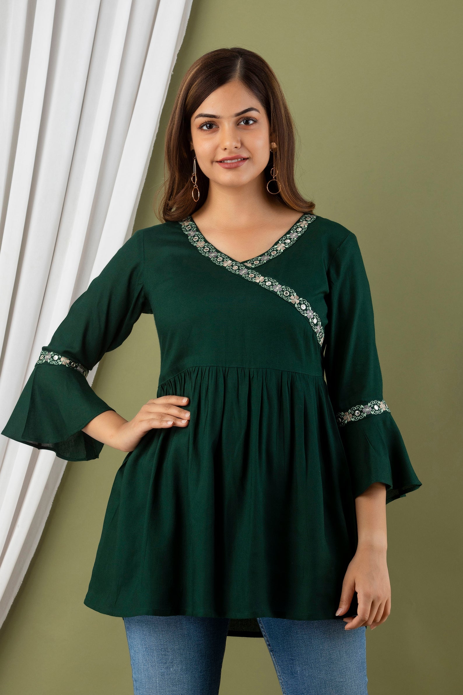 Women's Dark Green Bell Sleeve Top