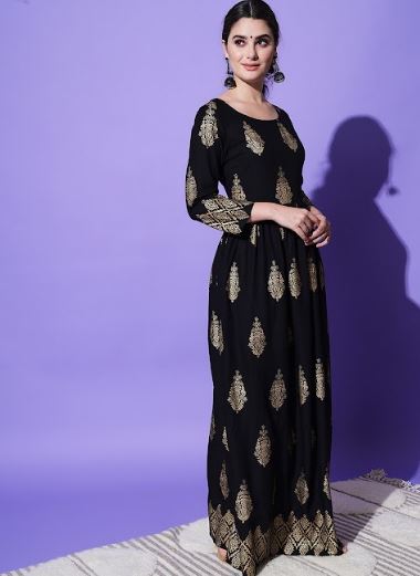Women's H & N Golden Print Black Anarkali Kurta