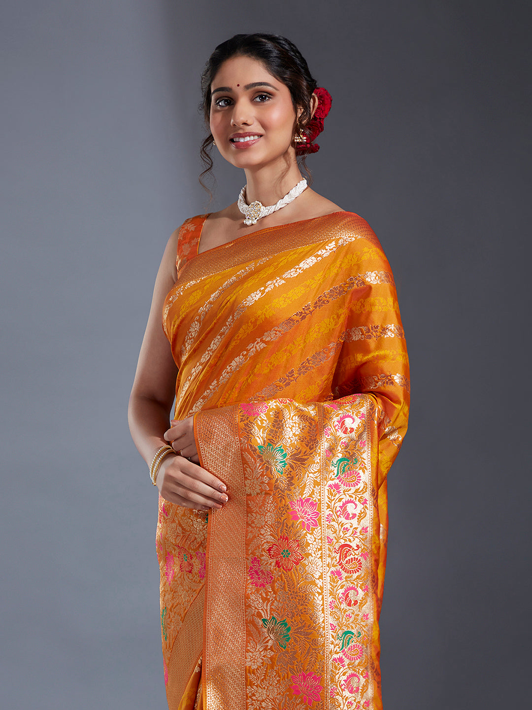 Women's Mustard & Gold Satin Paisley Zari With Beautiful Meenakari Banarasi Saree - Royal Dwells