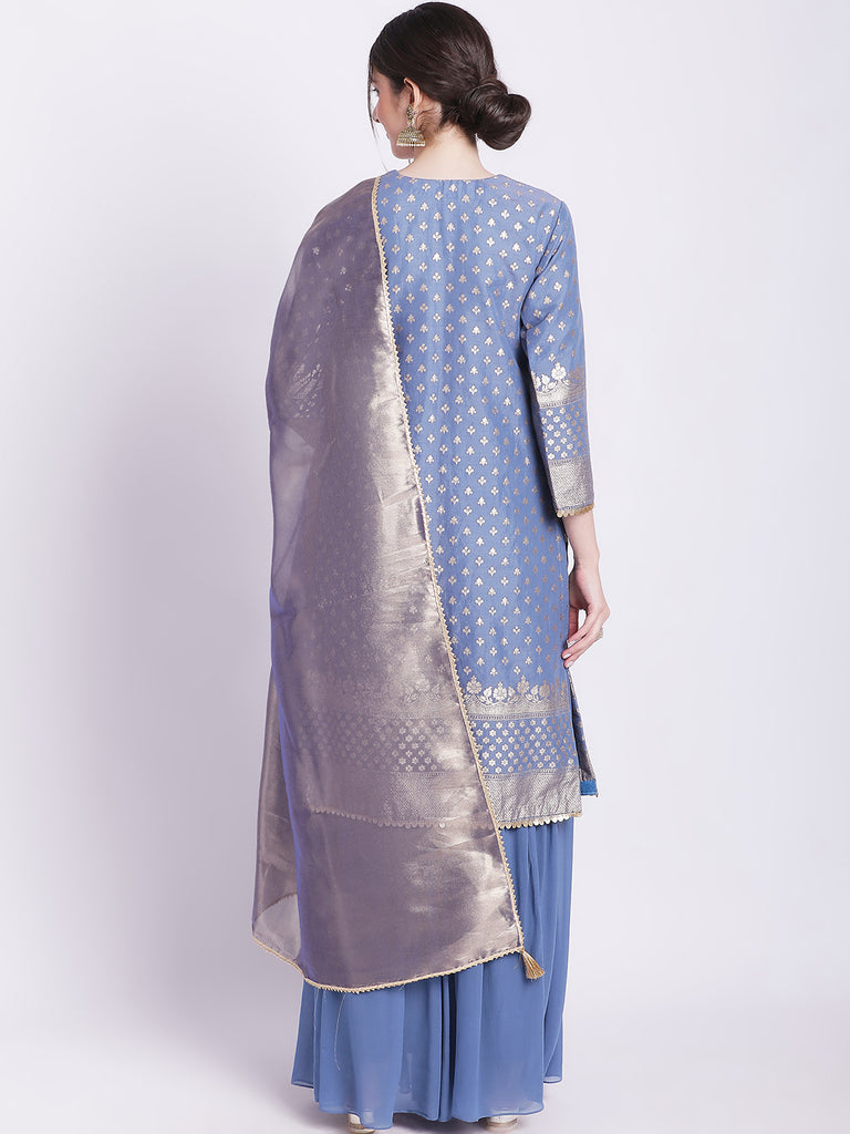 Women's Dusty Blue Badla Kurti With Gathered Palazzo And Organza Shine Dupatta