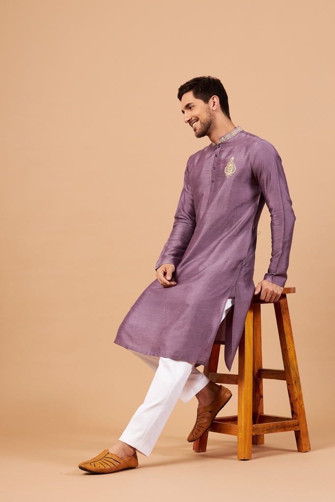 Men's Purple Color Inara Gold Embroidered Kurta Semi Raw Silk Mix