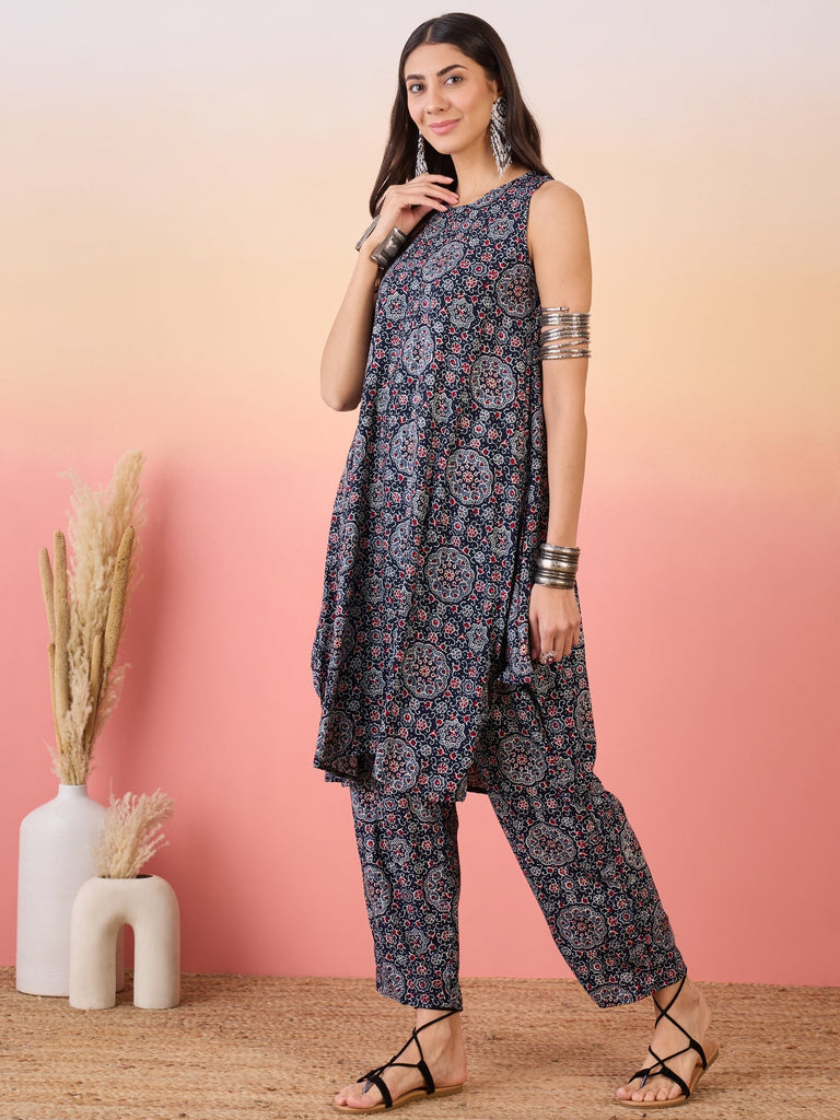 Women's Navy Maroon Ajrakh Foil Round Neck Kurta Pant Set