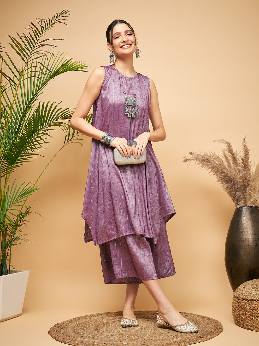 Women's Mauve Lurex Short Pallazo Kurta Set - InWeave