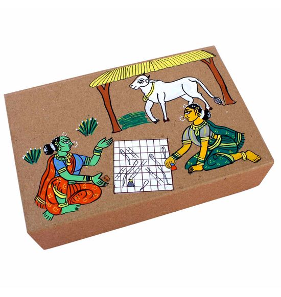 Raw Silk - SNAKES & LADDERS in 500 year old Cheriyal Hand Painted Box, rare and exclusive