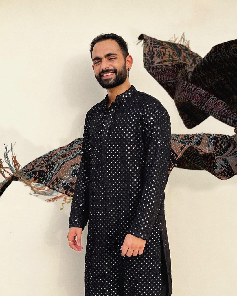 Men's Black Color Black Mirror Kurta + Patiala Pants Georgette & Santone