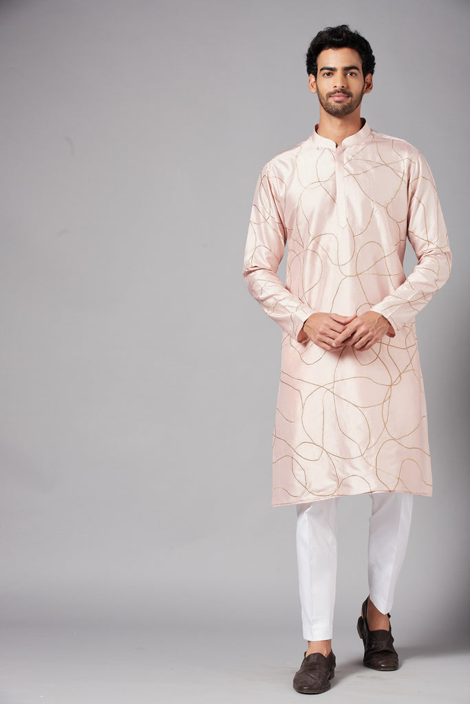 Men's Peach Color Ilara Gold Zari Abstarct Embroidered Kurta Dupion