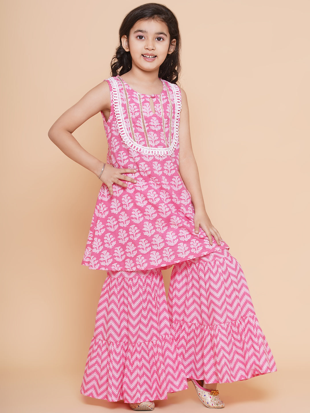 Girl's Pink Floral Printed  Pure Cotton Kurta With Sharara - Bitiya By Bhama