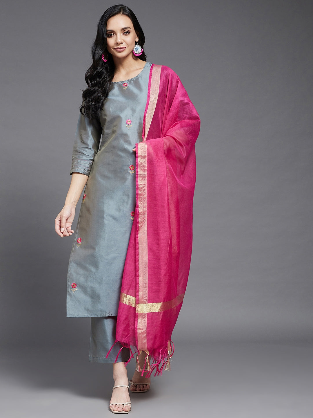 Women's Grey And Pink Embroidered Side Slit Straight Kurta With Palazzo And Dupatta Set