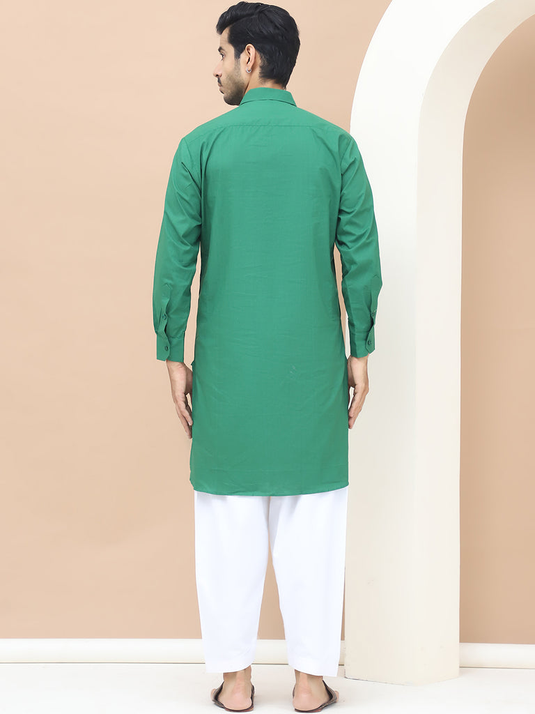 Men's  Green Cotton Solid Kurta Set