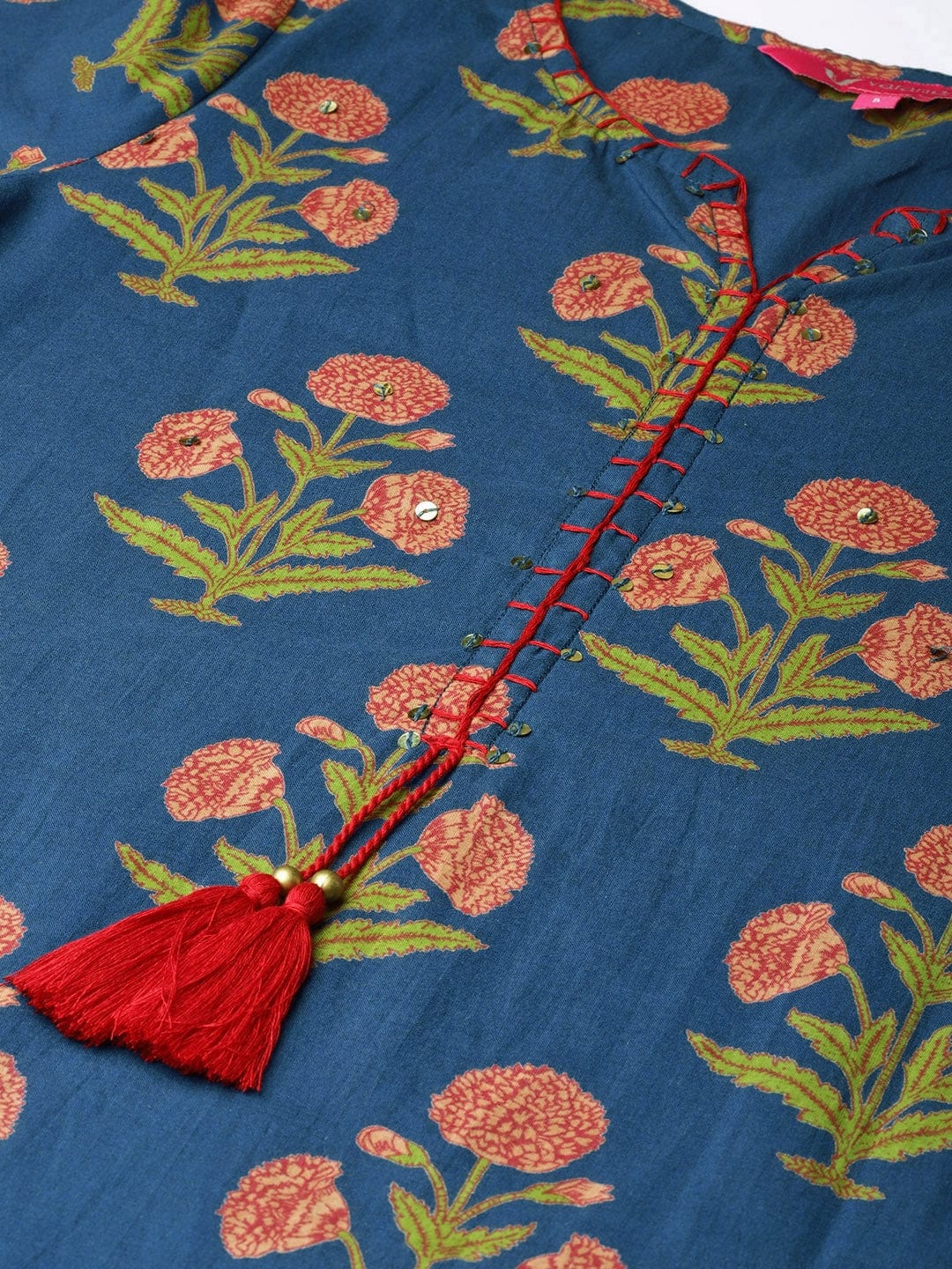 Women's Blue & Peach-Coloured Printed Straight Kurta