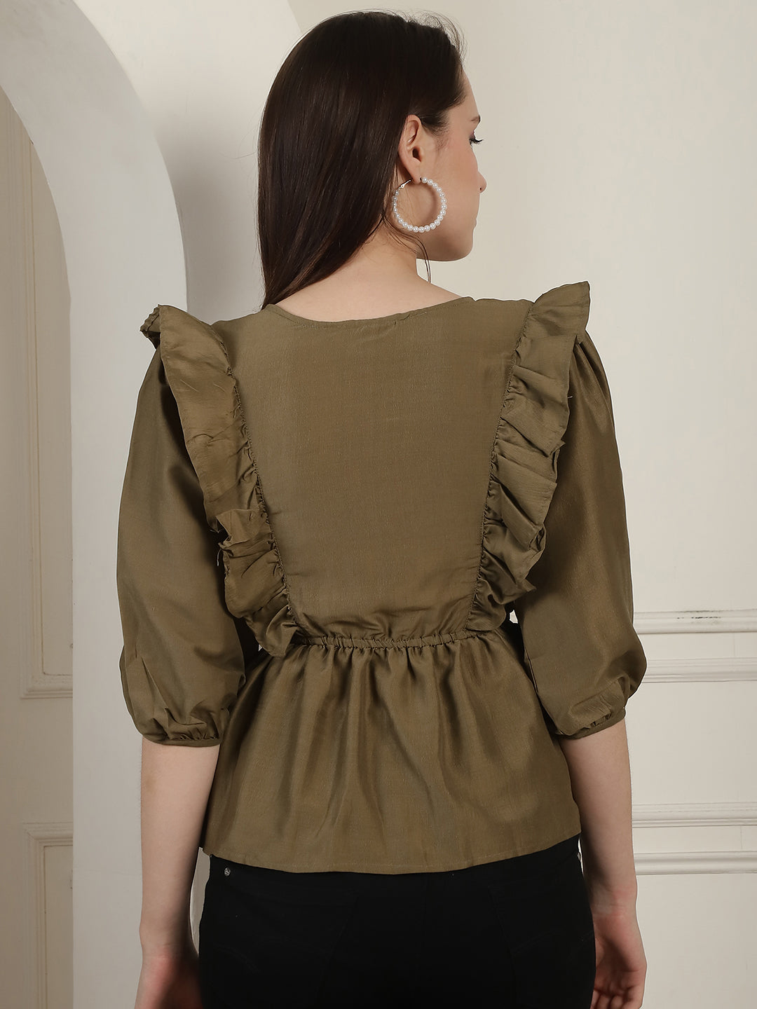 Women's Brown Solid Women's Top With Frills - Taantav