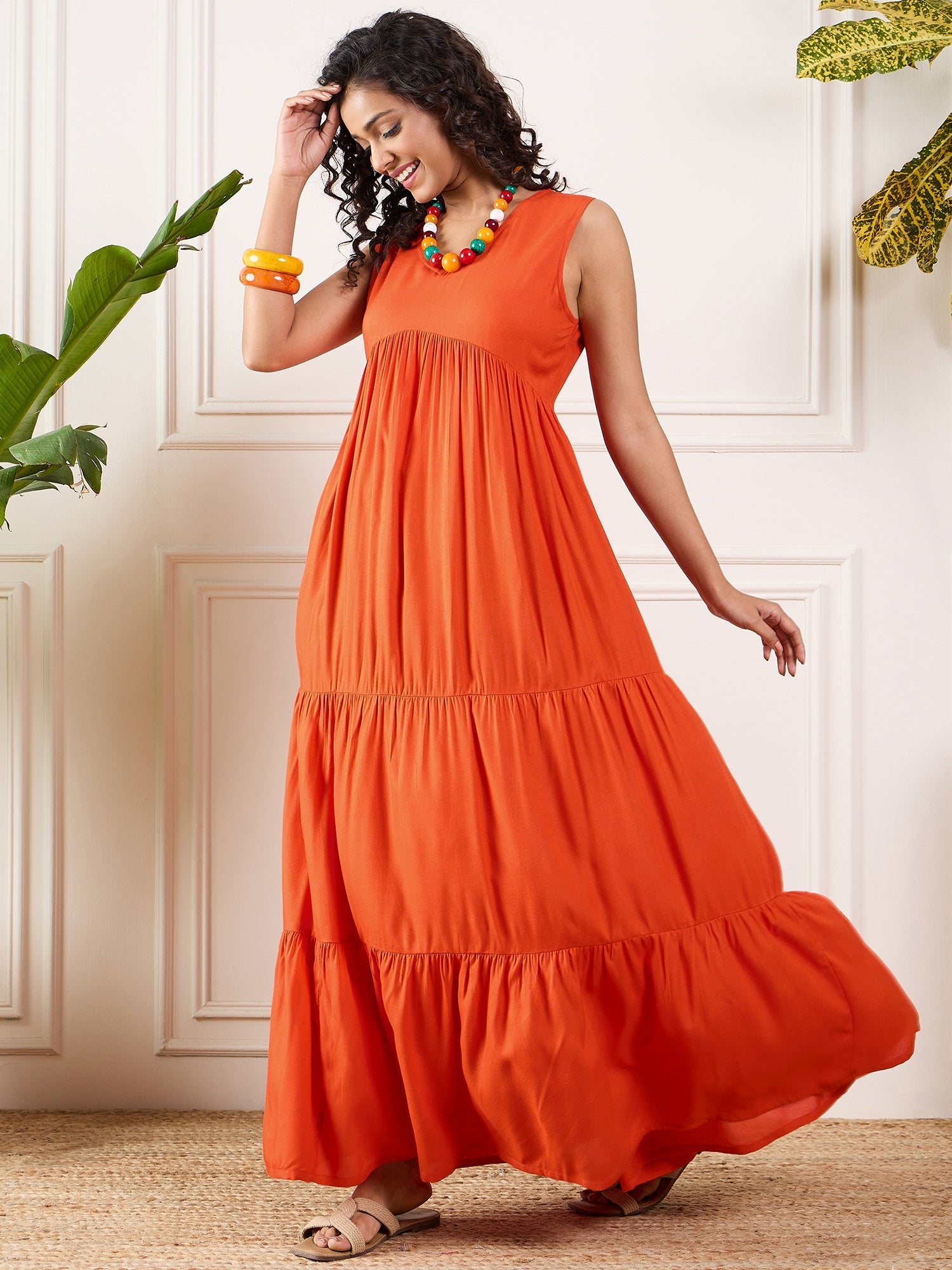 Women's Orange V Neck Sleeveless Long Tiered Dress - InWeave