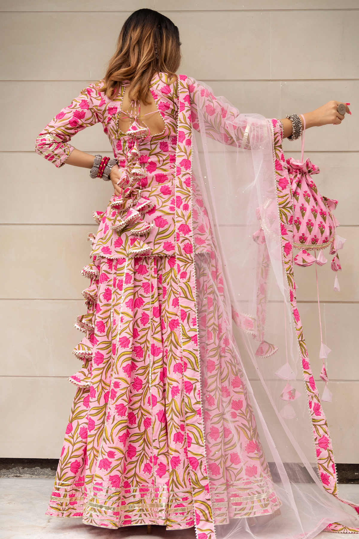 Women's Tulsi Pink Cotton Hand Block Skirt Set