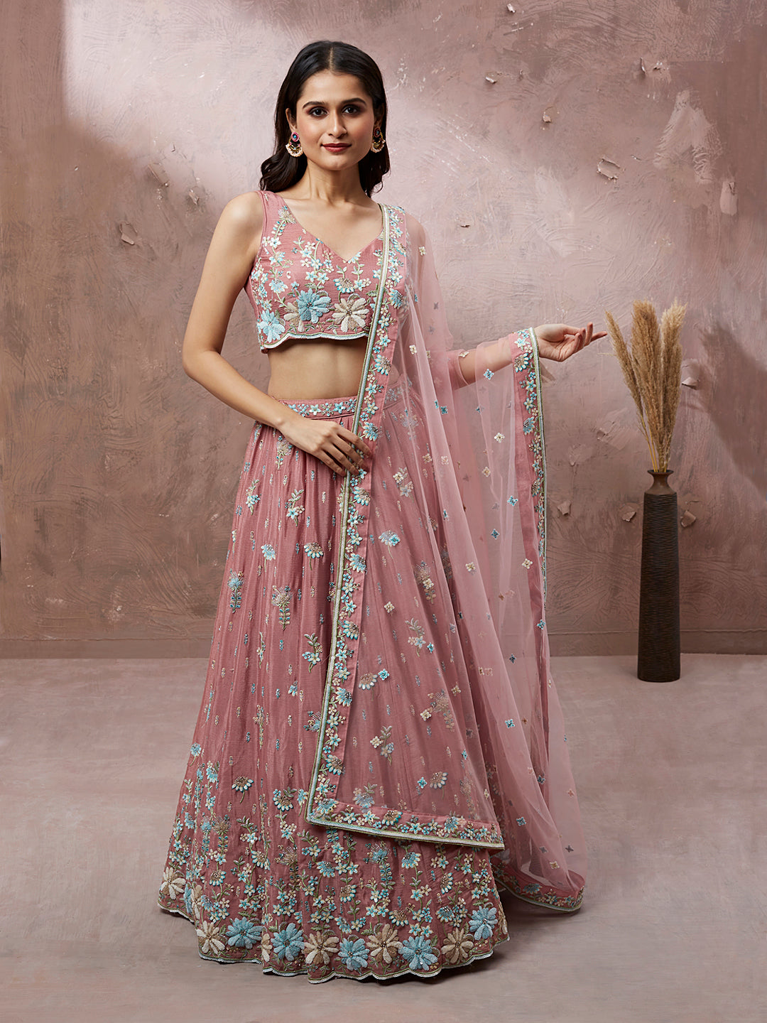 Women's Coral Pure Georgette Sequins With Heavy Zarkan Embroidery Ready To Wear  Lehenga Choli & Dupatta - Royal Dwells