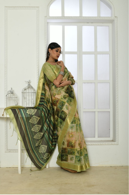 Women's Mahendi Printed Cotton Silk Saree with Tassels - Vishnu Weaves