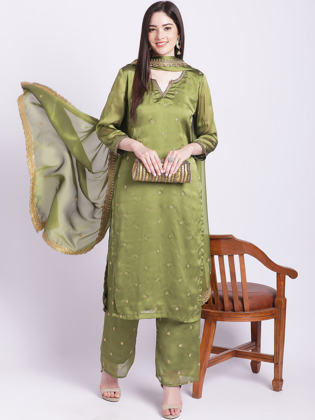 Women's Glam Green Embroidered Kurti With Straight Palazzo And Embroidered Dupatta - Anokherang