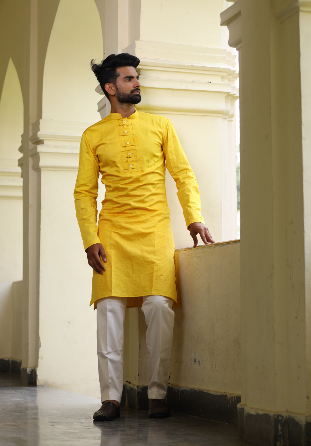 Men's Yellow Color Nilay Yellow Buttoned Kurta Cotton - Hilo Design