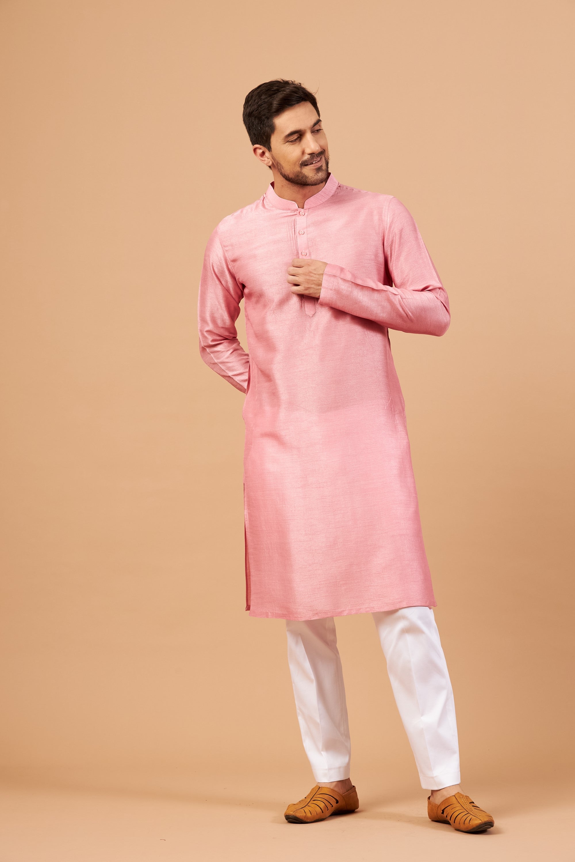 Men's Pink Color Plain Kurta Falling Raw Silk - Hilo Design