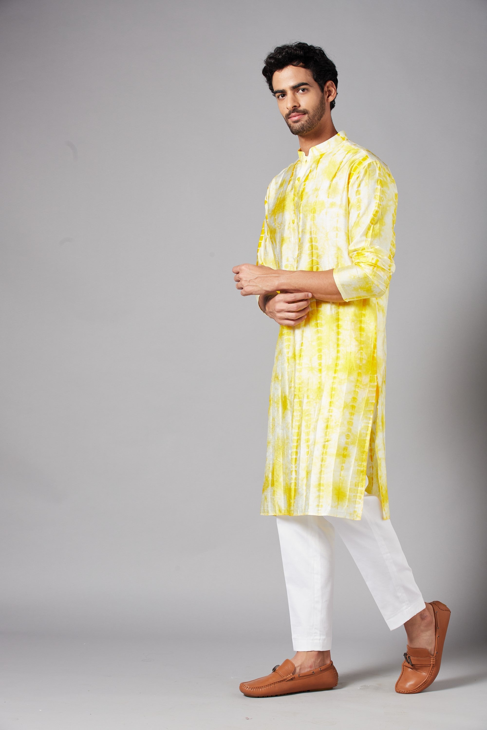 Men's Yellow & White Color Tintlo Yellow Tie & Die Kurta Semi Rawsilk Mix