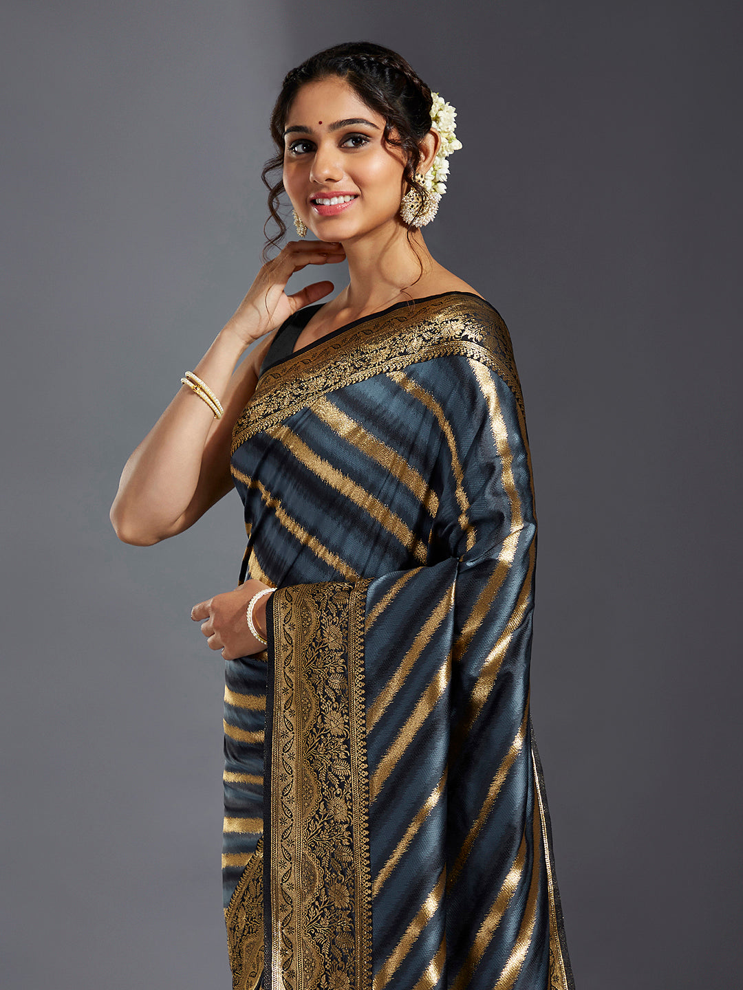 Women's Charcoal & Gold Satin Paisley Zari With Beautiful Leheriya Banarasi Saree - Royal Dwells