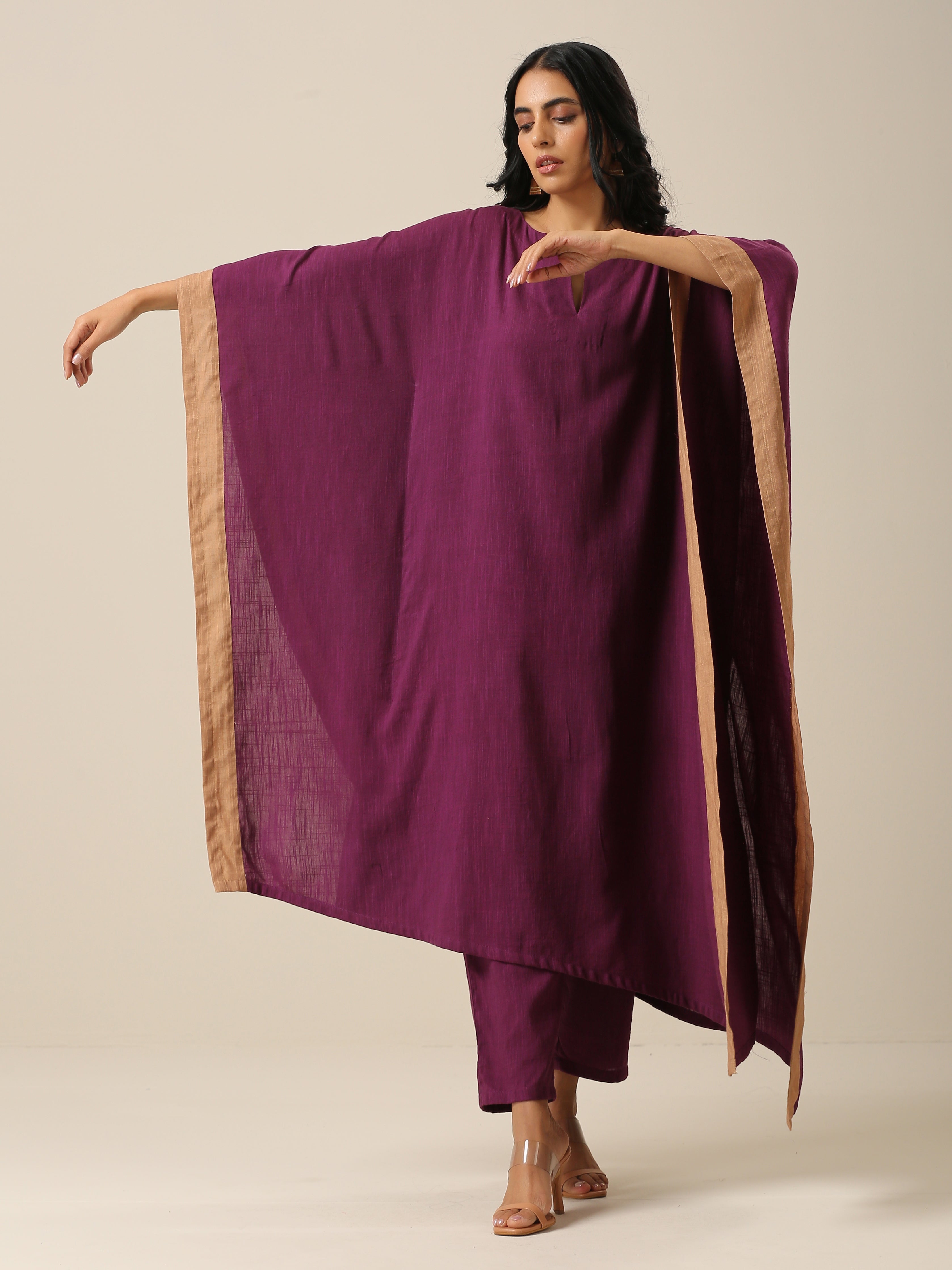 Women's Plum Purple Slub Texture High Low Kaftan Pant Set - Truebrowns USA