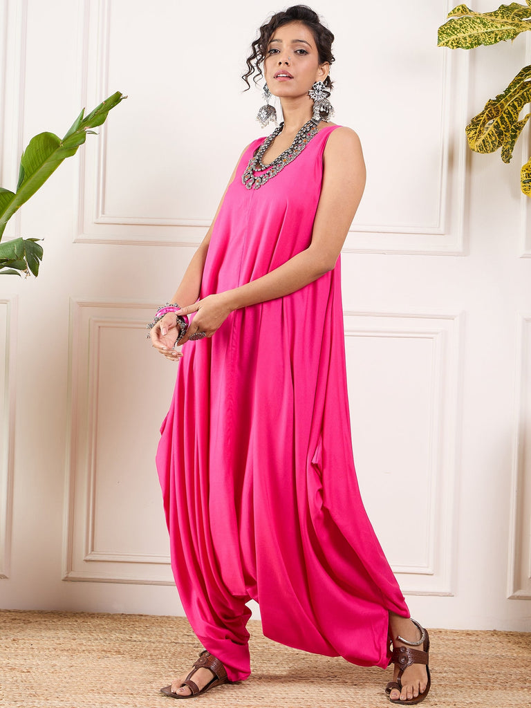 Women's Pink Round Sleeveless Jumpsuit