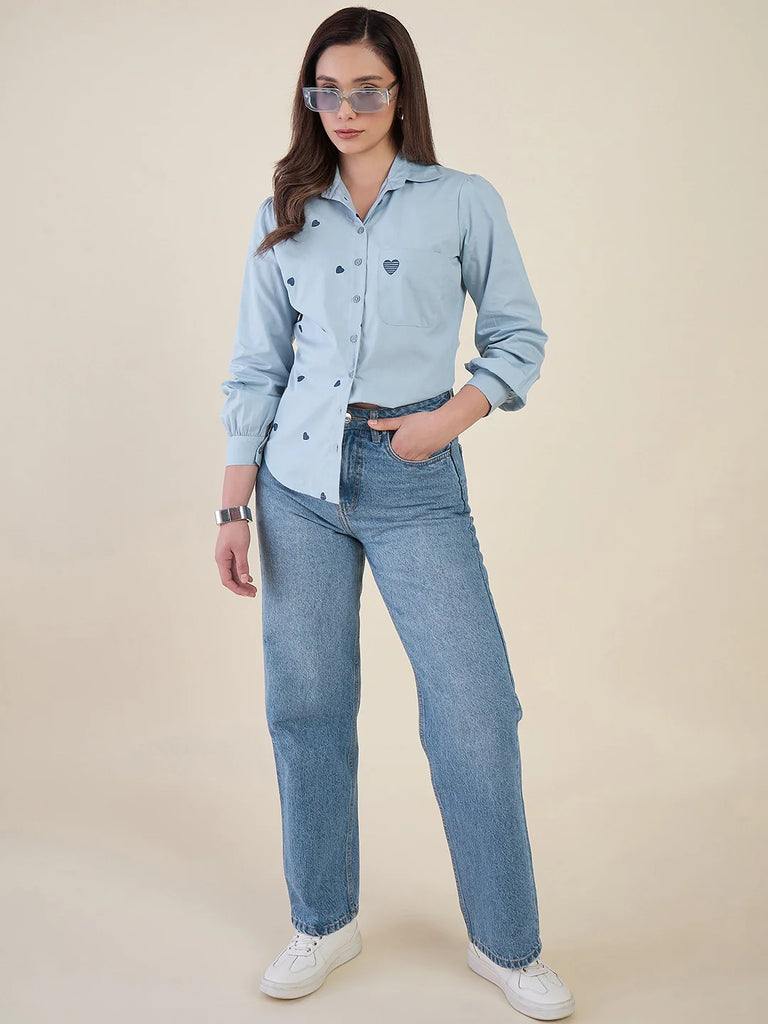Women's Blue Heart Embroidered Casual Shirt