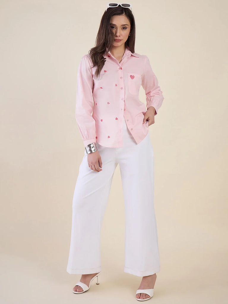 Women's Pink Heart Embroidered Casual Shirt