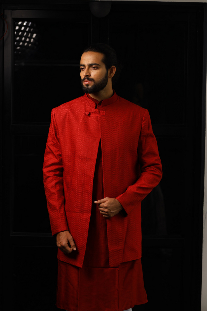 Men's Red Color Indo-Western Suit
