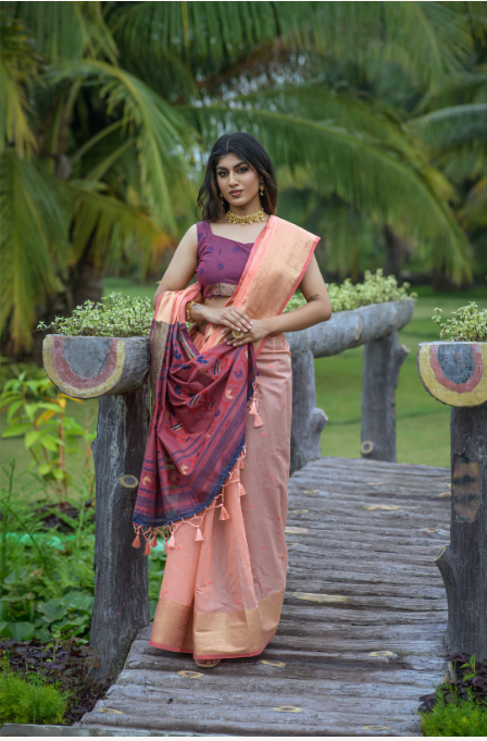 Women's Peach Jacquard Weaving Linen Saree with Tassels - Vishnu Weaves