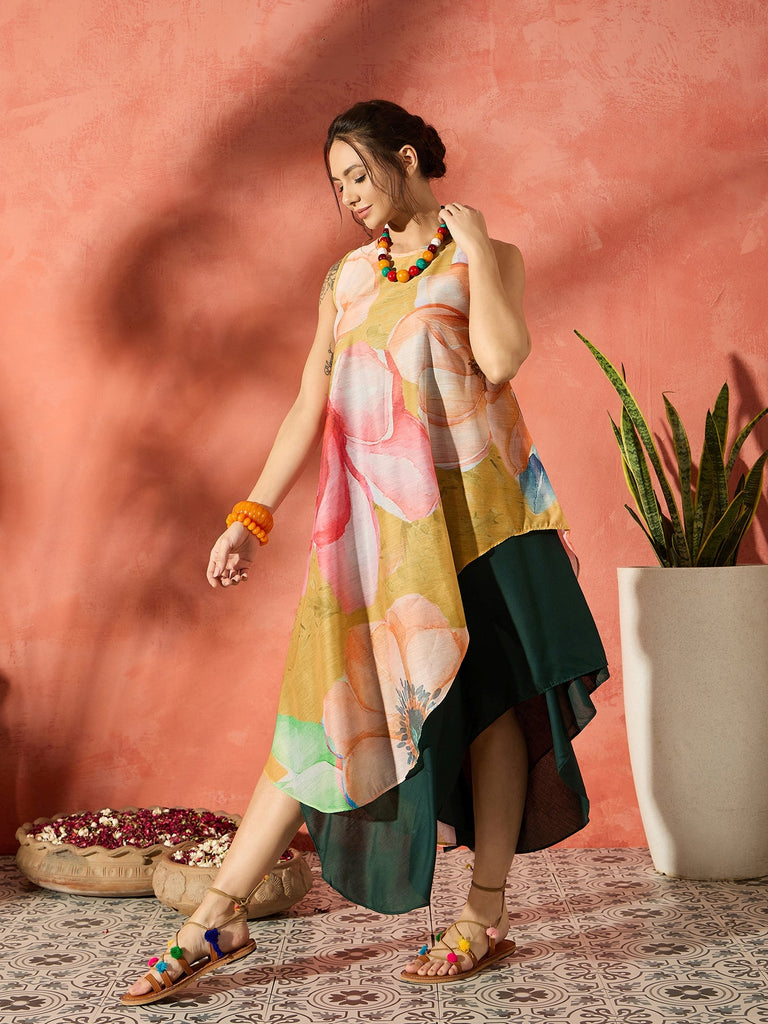 Women's Lemon Yellow Floral Asymmetrical Dress
