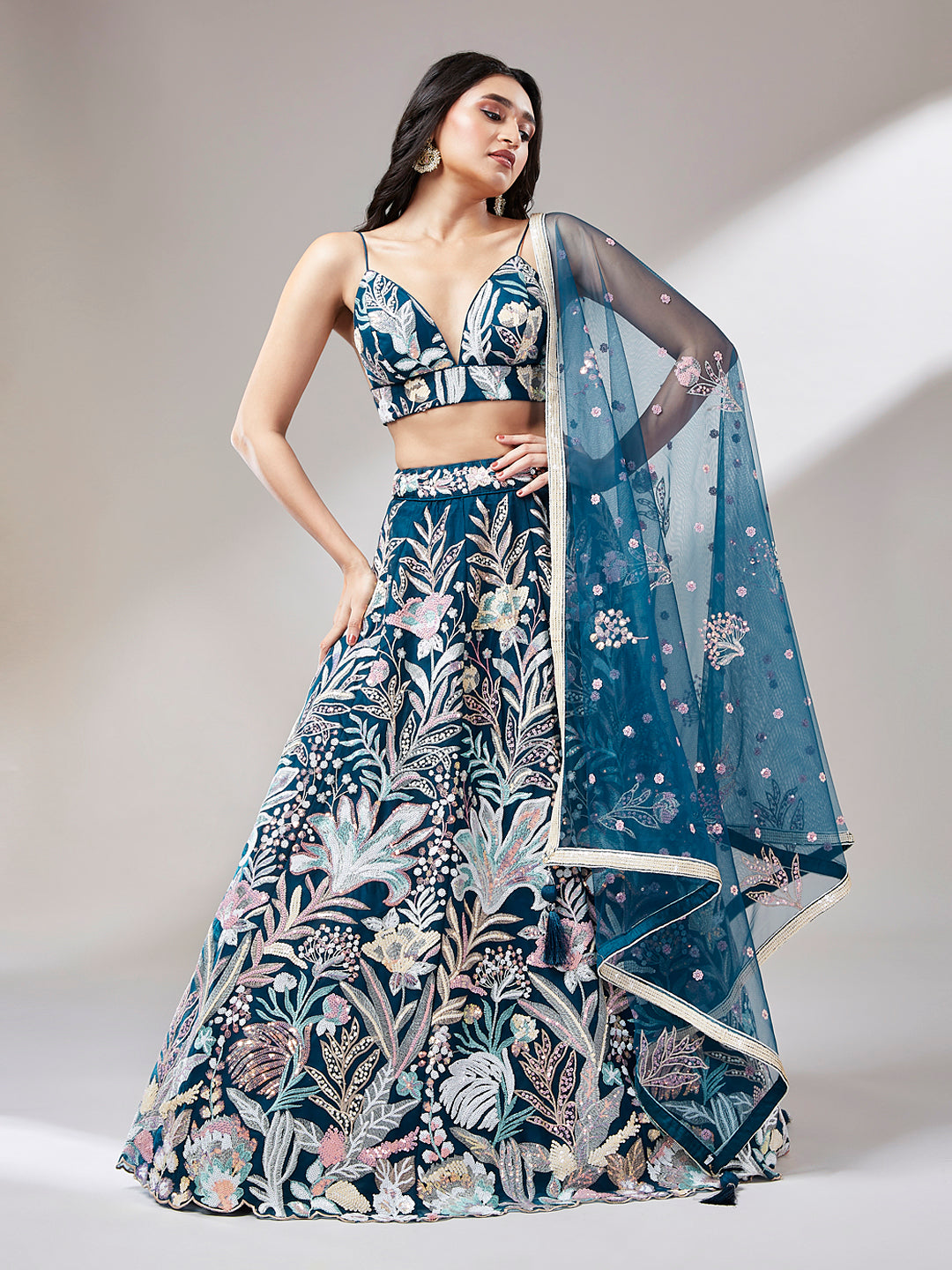 Women 's Navy blue Net Sequinse Work Ready to Wear Lehenga & stitched Blouse with Dupatta - Royal Dwells