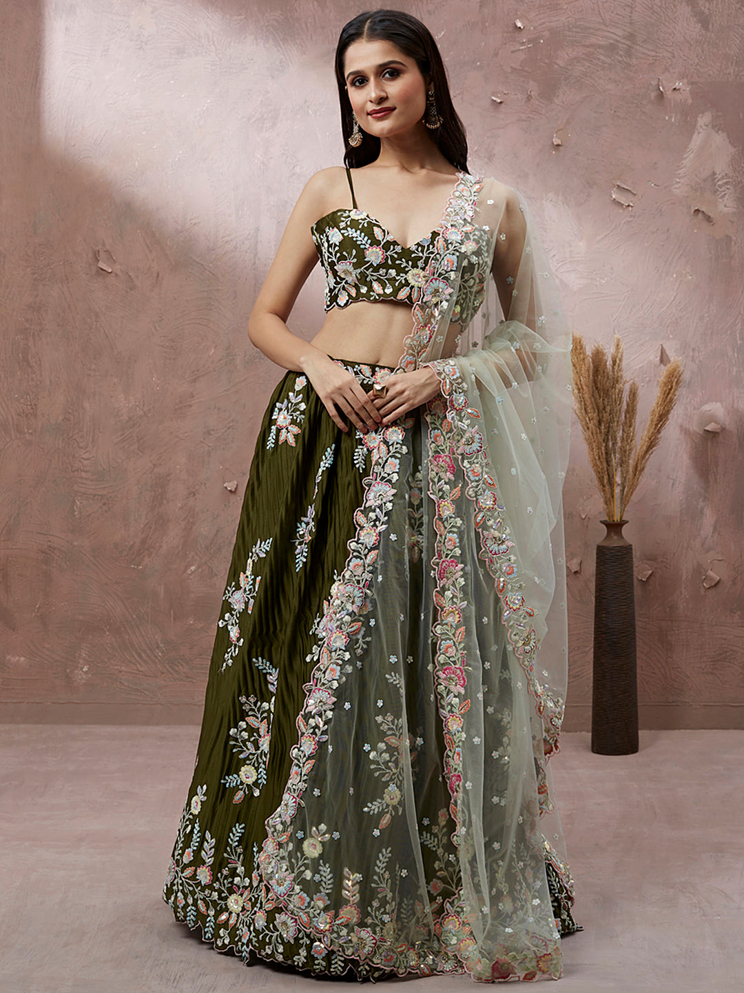 Women's Olive - Pure Georgette Thread & Sequins Work Ready To Wear Lehenga - Royal Dwells