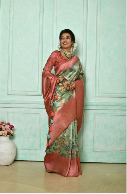 Women's Sea Green Woven Cotton Silk Saree with Tassels - Vishnu Weaves