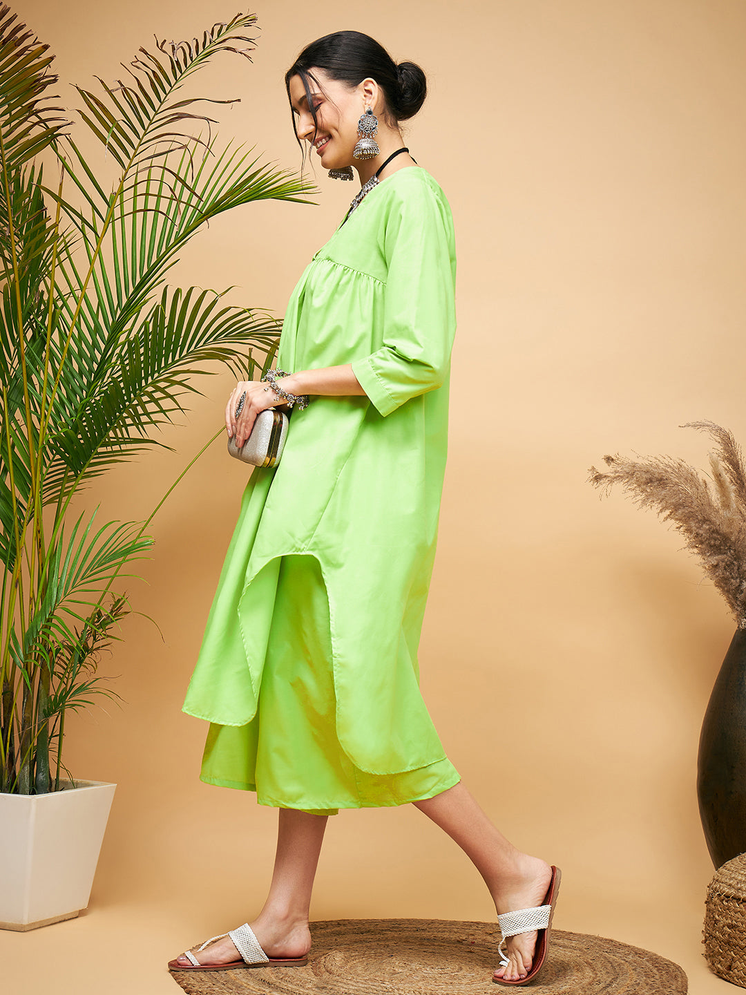 Women's Lime Green Flared Kurta Palazzo Set - InWeave