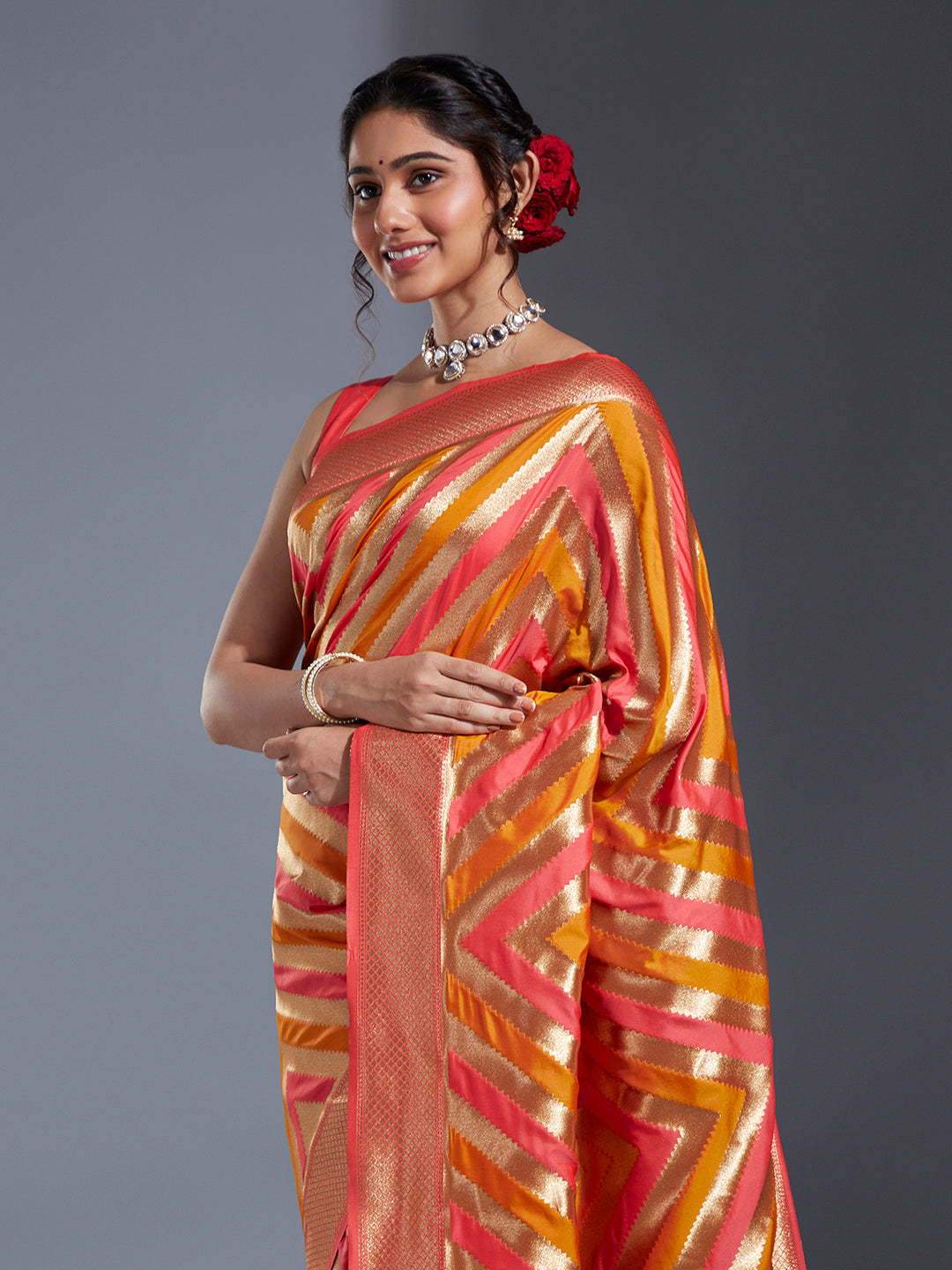 Women's Coral & Gold Satin Paisley Zari With Beautiful Leriya Banarasi Saree - Royal Dwells
